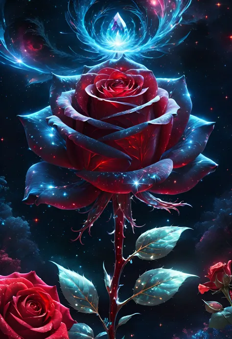 a frozen cosmic rose, the petals glitter with a crystalline shimmer, swirling nebulas, 8k unreal engine photorealism, ethereal lighting, red, nighttime, darkness, surreal art <lora:SDXLFaeTastic2400:0.5>,