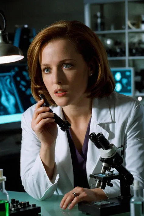 Dana Scully is in a laboratory, surrounded by scientific equipment and alien artifacts. She is wearing a lab coat and examining a strange, otherworldly specimen under a microscope. The room is filled with bright, artificial light, contrasting with the dark secrets she is uncovering. Her expression is one of fascination and concern, reflecting the dual nature of her work. <lora:dana scully 1b-000001:0.9> dana scully woman <lora:add-detail-xl:1>