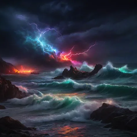 photo realistic, stormy sea, dark black storm clouds, colorful red green blue purple yellow red lightnings, rocks, (dark night:1.2), very big high (colorful luminous:1.4) waves, 