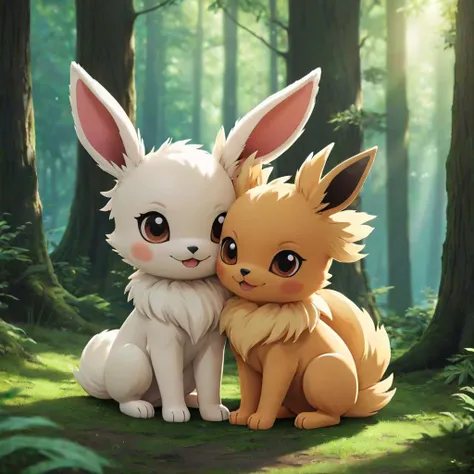 anime,  2 cute eeveelutions, smile, hug, forest, 
