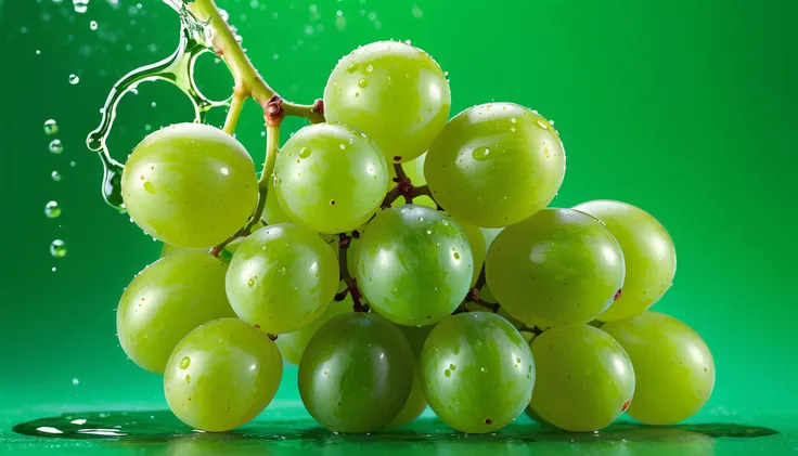 Powerful liquid explosion, Green grapes, Green background, Commercial photography, A bright environment, Studio lighting, OC rendering, Solid color isolated platform, Professional photography, Color classification, Super detail