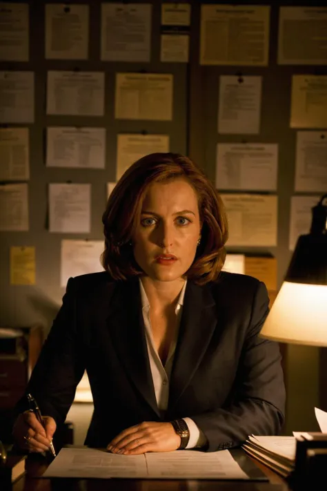 A scene depicting Dana Scully, a character known for her scientific approach and logical thinking, investigating a mysterious case in a dimly lit, cluttered office. She is examining documents and samples under a microscope, her face showing a mix of concentration and skepticism. The office is filled with files, old books, and strange artifacts, hinting at the paranormal nature of her investigations. Scully is dressed in her iconic, professional attire: a sharp, tailored suit and her FBI badge prominently displayed. The atmosphere is tense, with shadows and light playing across the room, enhancing the feeling of mystery and intrigue.<lora:dana scully 1b-000001:0.9> dana scully woman <lora:add-detail-xl:1>