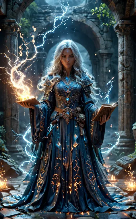 1 Sorceress, middle aged, A Sorceress wearing silk robes who casts water magic in one hand and lightning magic in the other, atop large, glowing ancient runes.
Break, Inside the huge outdoor ruins on a dark night, a large rune is carved into the floor in the center.
Break, full shot, cinematic lighting, dramtic Scene,High quality 3D rendering, fantasy, Pixar 3D character design style, ZBrush  high-polygon modeling,
<lora:add-detail-xl:0.8>, <lora:xl_more_art-full_v1:0.5>, <lora:Fantasy_Wizard__Witches_SDXL:0.6> hkmagic, <lora:Arcane:0.5> ais-rcn