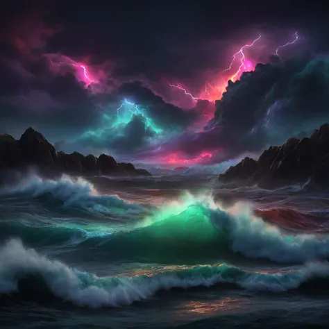 photo realistic, stormy sea, dark black storm clouds, colorful red green blue purple yellow red lightnings, rocks, (dark night:1.2), very big high (colorful luminous:1.4) waves,
