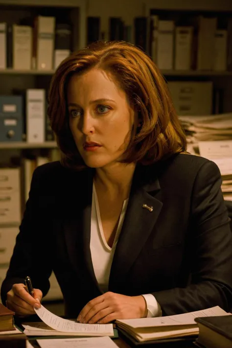 A scene depicting Dana Scully, a character known for her scientific approach and logical thinking, investigating a mysterious case in a dimly lit, cluttered office. She is examining documents and samples under a microscope, her face showing a mix of concentration and skepticism. The office is filled with files, old books, and strange artifacts, hinting at the paranormal nature of her investigations. Scully is dressed in her iconic, professional attire: a sharp, tailored suit and her FBI badge prominently displayed. The atmosphere is tense, with shadows and light playing across the room, enhancing the feeling of mystery and intrigue.<lora:dana scully 1b-000001:1> dana scully woman <lora:add-detail-xl:1>
