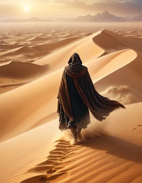 an ancient cloaked traveller, traversing a sandstormed desert, mythical, 4k, sharp focus and detail, hyper detailed realistic, bokeh