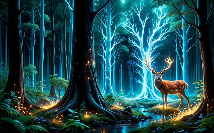 This artwork unfolds around a spirit in the form of a deer, glowing with a magical and translucent light, set in the heart of a mystical forest. The spirit's grand antlers merge seamlessly with the essence of the forest, reflecting the surrounding colors and shimmering with a light that suggests a profound union with the natural world. The depiction of the deer spirit embodies purity and magic, drawing the viewer into a narrative of enchantment and serene beauty.
The background portrays an ancient forest brimming with life, rendered in a palette of vibrant colors and intricate details that create a dreamlike and mysterious atmosphere. Through meticulous craftsmanship, the forest scene is alive with a diversity of flora and a play of light and shadow, enhancing the mystical setting. This composition invites the viewer to experience a sense of wonder, peace, and a deep connection to nature, encapsulating the artwork's ability to convey the majestic and ethereal presence of the spirit within a timeless natural landscape.
Break, full shot, cinematic lighting, dramtic Scene, fantasy, High quality 3D rendering, fantasy, Pixar 3D character design style., masterpiece,
<lora:Biol:0.4> ais-blmn <lora:glowneon_xl_v1:0.5> glowneon, glowing, sparks, lightning <lora:ral-mycelium:0.2> ral-mycelium