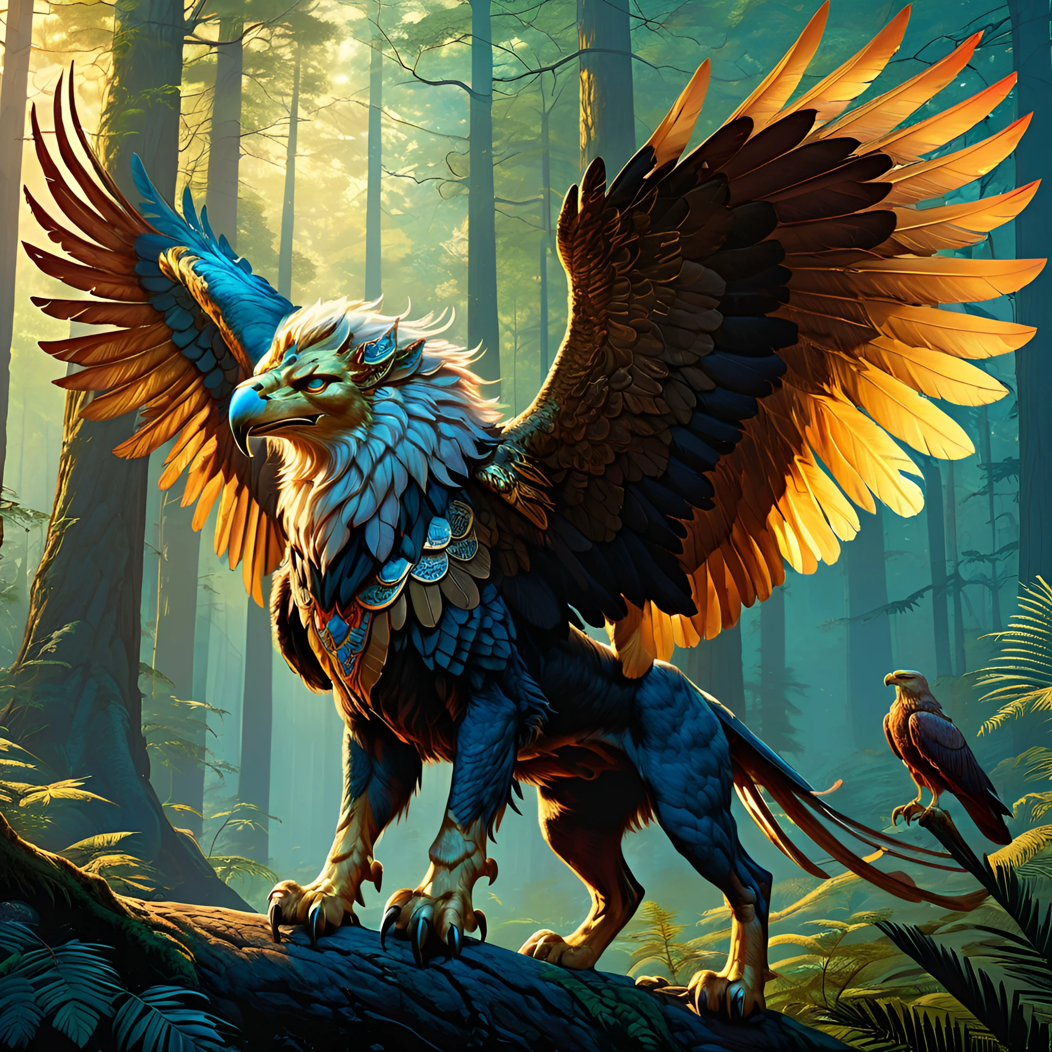 a highly detailed, full body depiction of a griffin, showcasing a mix of lion’s body, eagle’s head and wings in a dramatic forest setting under a warm evening sky, smooth, vibrant, digital painting, matte, sharp focus, by artgerm, greg rutkowski and zdislav beksinski, with a hint of magical realism, exquisite detailing, including feathers, fur, and talons, where the griffin is poised to leap into flight, trending on Artstation, saving the image in 4K UHD quality <lora:SDXLFaeTastic2400:0.3>,