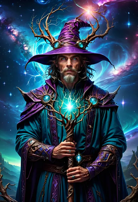 sparkling magical fantasy handsome wizard, very detailed, amazing quality, intricate, cinematic light, highly detail, beautiful, surreal, dramatic, galaxy fantasy colors, perfect hands, holding a gnarled oak staff, 4k, sharp focus on eyes and skin, hyper detailed realistic <lora:SDXLFaeTastic2400:1.0>, 