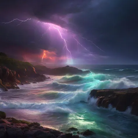 photo realistic, stormy sea, storm clouds, colorful red green blue purple yellow red lightnings, rocks, (dark night:1.2), very big high (rainbow colors luminous:1.4) waves,