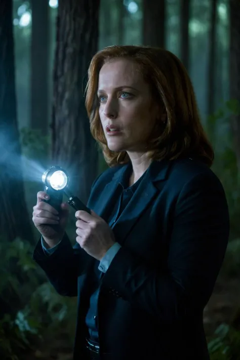Dana Scully is standing in a foggy forest at night, holding a flashlight in one hand and her FBI badge in the other. She is looking at something off-camera with a mix of fear and determination. The trees around her are towering and ominous, and there is a faint glow of something unnatural in the distance. Her expression is focused and serious, capturing her readiness to confront whatever lies ahead. <lora:dana scully 1b-000001:0.9> dana scully woman <lora:add-detail-xl:1>
