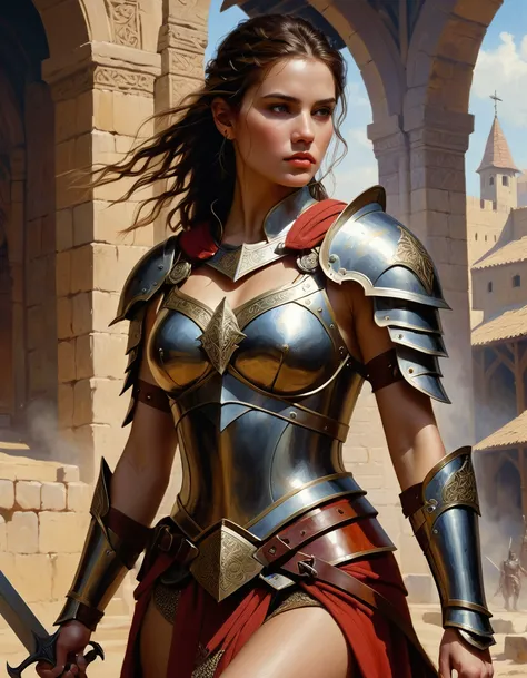 Photo of a beautiful girl as a warrior, model shoot style, extremely detailed CG unity 8k wallpaper, full body shot of the most beautiful artwork in the world, medieval armor, professional majestic oil painting style by Ed Blinkey, Atey Ghailan, by Jeremy Mann, Greg Manchess, Antonio Moro, trending on ArtStation, trending on CGSociety, Intricate, High Detail, Sharp focus, dramatic, photorealistic painting art by midjourney and Greg Rutkowski.