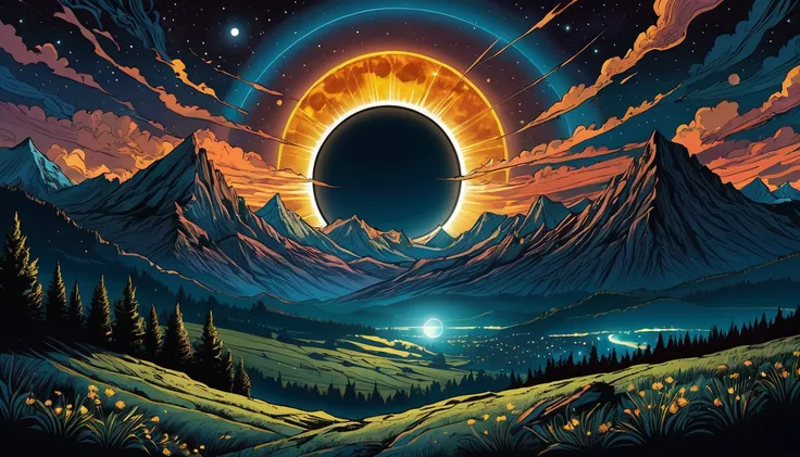 Landscape, night, solar eclipse, disappearance, special aura, detailed, chaotic drawing style
