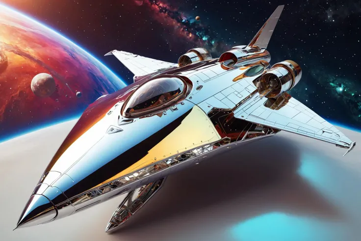beautiful chrome spaceship, angular design, vivid colorful space, space, masterpiece, aesthetic