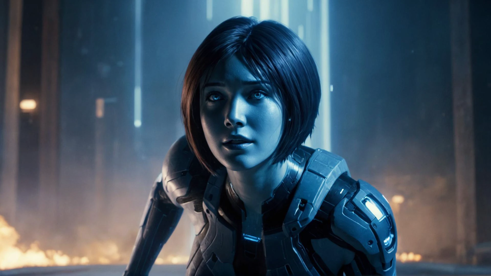 breathtaking Cinematic scene, hero view, Cortana <lora:cortana_xl_v3:1>, action pose, detailed background, masterpiece, best quality, high quality, absurdres . award-winning, professional, highly detailed