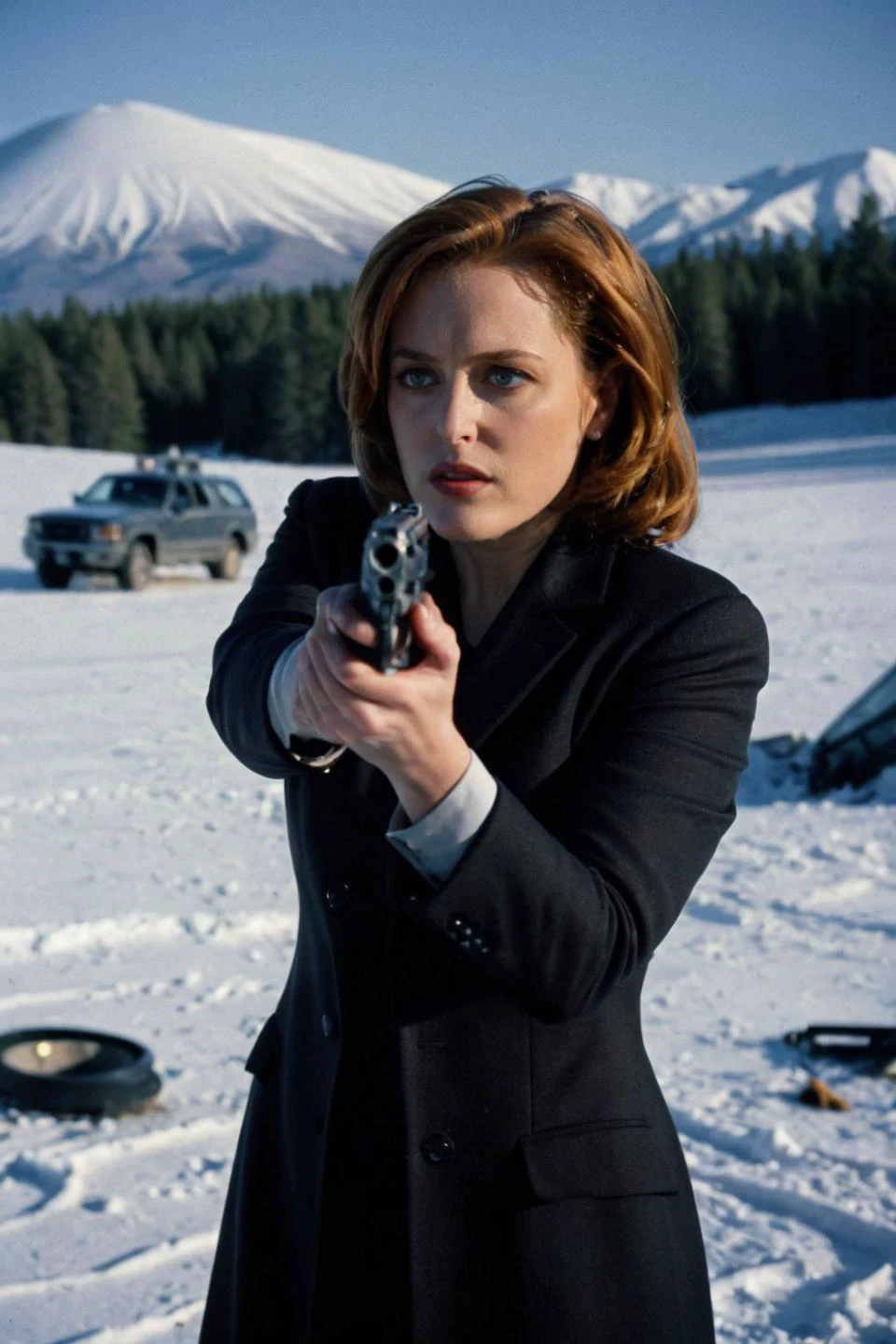 In a snowy, remote location, Dana Scully is standing outside a crashed UFO, with her gun drawn and her breath visible in the cold air. The sky is dark and the mood is tense. She is looking towards the UFO with a skeptical yet brave demeanor, ready to face whatever extraterrestrial challenges come her way. <lora:dana scully 1b-000001:0.9> dana scully woman <lora:add-detail-xl:1>