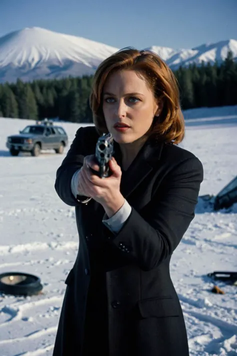 In a snowy, remote location, Dana Scully is standing outside a crashed UFO, with her gun drawn and her breath visible in the cold air. The sky is dark and the mood is tense. She is looking towards the UFO with a skeptical yet brave demeanor, ready to face whatever extraterrestrial challenges come her way. <lora:dana scully 1b-000001:0.9> dana scully woman <lora:add-detail-xl:1>