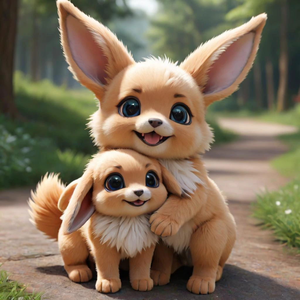 photo realistic, 2 cute eeveelution, smile, hug,