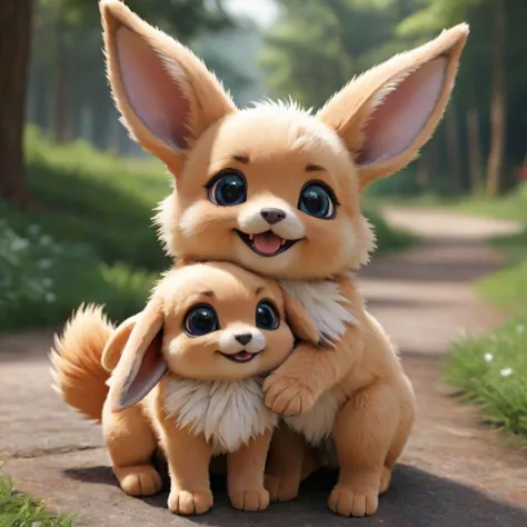 photo realistic, 2 cute eeveelution, smile, hug, 