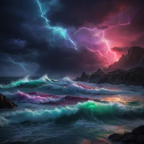 photo realistic, stormy sea, storm clouds, colorful red green blue purple yellow red lightnings, rocks, (dark night:1.2), very big high (colorful luminous:1.4) waves,