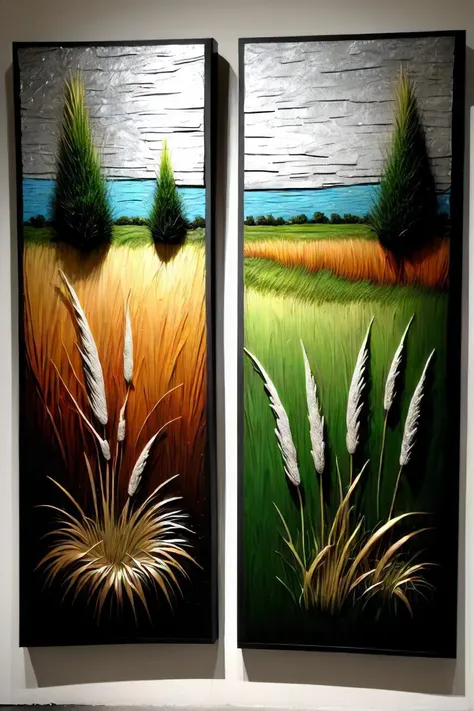 three panels of art on a wall with a painting of grass, triptych, etched relief, oil paint impasto reliefs, highly textured landscape, textured, jagged metal landscape, oil paint impasto relief, textured canvas, reeds, decorative panels, grass and weeds , sanjulian. detailed texture, relief concept, bas relief, relief sculpture