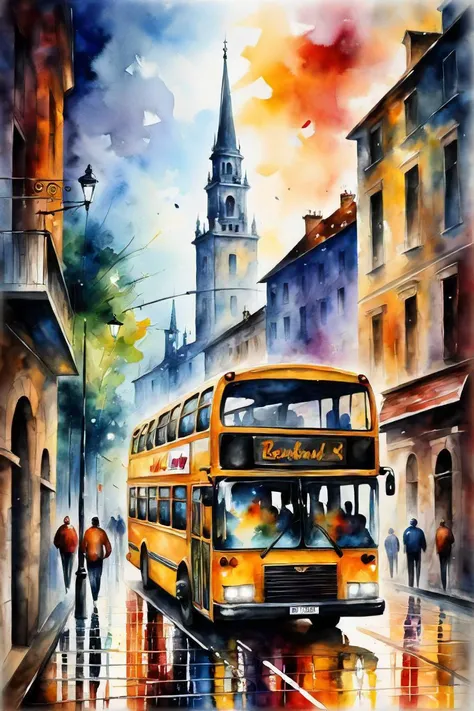 painting of a city street with a bus and a bus on it, a watercolor painting by leonid afremov, featured on artstation, modern european ink painting, style of leonid afremov, afremov leonid, afremov