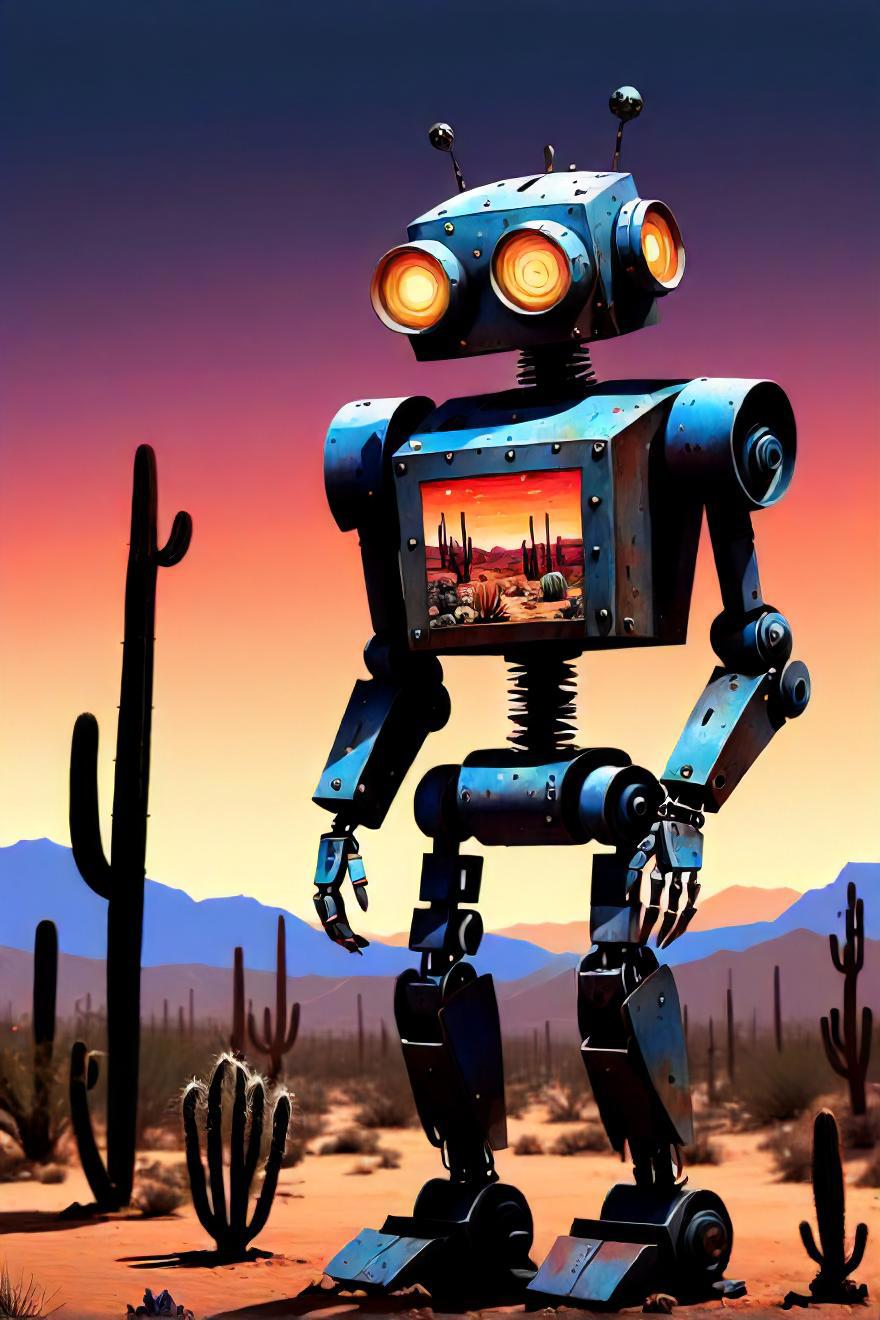 Painting of a robot with a picture of a desert landscape - SeaArt AI