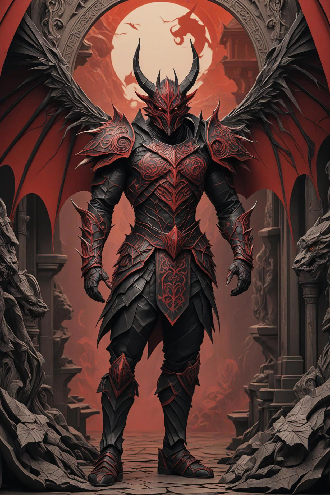 origami style the image portrays a muscular man dressed in a fantasy themed outfit. he is wearing an elaborate black and red armor with detailed patterns, including a prominent dragon motif on his chest. the helmet he's wearing has devil like horns, further emphasizing the fantasy element of his attire. his face features red eyes and intricate tattoos that complement the overall theme of the character. the background appears to be an indoor setting with architectural elements, possibly suggesting a castle or palace environment. the composition of the image seems to emphasize the strength and fierceness of the character while immersing him in a fantastical world. . paper art, pleated paper, folded, origami art, pleats, cut and fold, centered composition