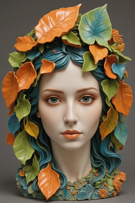 postmodern style the image presents a vibrant ceramic bust of a woman's head, adorned with leaves that are painted in bright hues of orange, yellow, green, and blue. the intricate design mimics the natural flow of water and foliage, creating an eye catching piece of art. . irony, contradiction, mixed media, eclectic