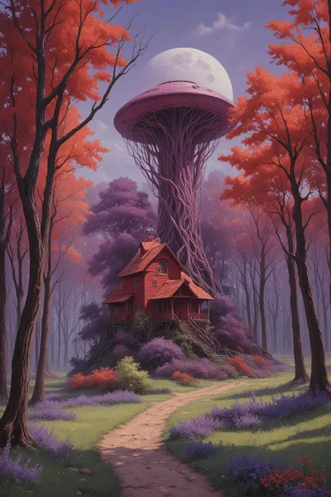 alien themed a striking landscape painting featuring a red house nestled among tall purple trees, painted in an impressionist style. the artist's signature is found on the bottom right corner. . extraterrestrial, cosmic, otherworldly, mysterious, sci fi, highly detailed