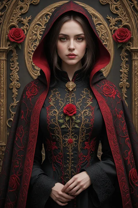 abstract style renaissance elegance: gothic architecture, ornate robes with intricate embroidery, red rose emblem on cloak. . non representational, colors and shapes, expression of feelings, imaginative, highly detailed