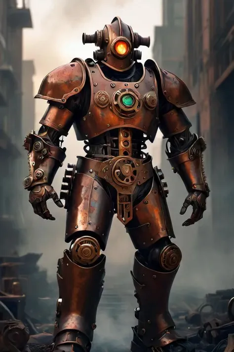 ASCIIin the depths of a sprawling, rust tinged industrial cityscape, an imposing figure strides confidently across the landscape. this figure is clad in an intricate suit of armor, crafted from brass and gears. the armor gleams dully under the muted light of the smoggy sky, reflecting hues of orange and red that echo the warm glow of nearby fires. the warrior's helmet is a fanciful action pose superhero comic art of engineering, adorned with glowing orbs that serve as both eyes and a means to amplify the wearer's vision. in their left hand, they wield a weapon not of steel but of gears and steam, its power coiled like a sleeping beast within the intricately crafted frame. their right hand grips a lever, controlling the flow of energy that propels them forward at speeds rivaled only by the thundering roar of a train. a plume of steam billows out behind them, marking their relentless march through the city streets. around them, the remnants of past battles and failed machines lay scattered; the remains of once mighty constructs now mere relics of a bygone era. despite these dangers, our steampunk warrior forges ahead, undeterred and unyielding, ready to face any challenge that comes their way. this scene is reminiscent of the image you provided, but instead of a warrior armed with a sword, we see a character who has embraced the fusion of technology and invention, embodying the spirit of innovation and progress in this world where steam and gears rule over swords and shields., 8k, uhd, sharp focus, bokeh, fujifilm, realistic, diffuse lighting, detailed lighting
