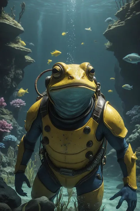 skyrim style in the depths of the ocean, a frog wearing a yellow and blue diving suit stands confidently. the suit is equipped with a large helmet featuring a clear visor, allowing the frog to see clearly through the water. around the frog, colorful fish swim by, creating a lively atmosphere in this underwater environment. . open world fantasy, dragons, immersive rpg