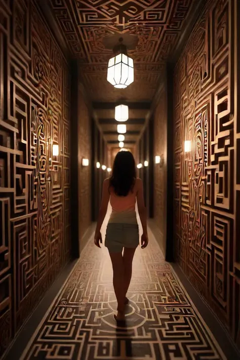 ASCIIin this image, a woman with dark hair is walking down a corridor that seems to be made entirely of intricate mazes. the walls and floor are adorned with complex geometric patterns in shades of brown and black. the lighting casts an eerie glow on the woman's figure, creating an atmosphere of mystery and intrigue., 8k, uhd, sharp focus, bokeh, fujifilm, realistic, diffuse lighting, detailed lighting