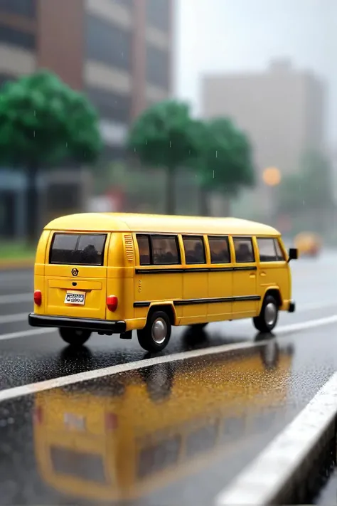 there is a toy bus that is sitting on the side of the road, yellow office bus, bus, toy commercial photo, microbus, public bus, toy photography, xax x , buses, toy photo, tilt shift suburban, transportation design render, tilt shifted, vw microbus driving, bus stop on a rainy day, bus stop, scale model photography