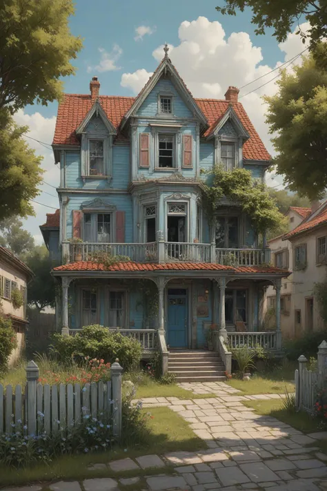 dystopian style (masterpiece, best quality, ultra detailed), intricate details, the painting depicts a quaint and charming house nestled in a picturesque garden. the house itself is painted with pastel colors, giving it a cozy and inviting appearance. it features a red tiled roof and two windows adorned with blue shutters, adding a pop of color to the otherwise neutral facade., cartoon style . bleak, post apocalyptic, somber, dramatic, highly detailed