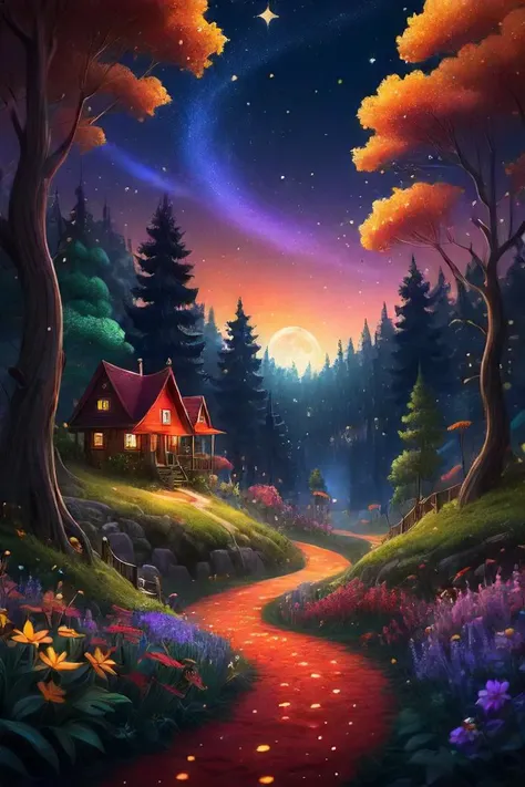 ASCIIthis image is a digital illustration of a fantastical forest landscape under a starry night sky. the scene is vivid and colorful, featuring trees with foliage in various shades of red, orange, yellow, green, and purple. a winding yellow path meanders through the middle of the forest, inviting viewers to explore further. the sky above is dark blue, dotted with numerous stars that twinkle like diamonds scattered across a velvet backdrop. the moon hangs low in the sky, casting a soft glow on the landscape below. the atmosphere feels magical and serene, as if this enchanted forest could be a place where anything is possible. in the foreground, there are several small houses nestled among the trees. these whimsical dwellings add to the sense of a thriving community within the forest, giving it a lively feel. in the background, you can see an array of different plants and flowers blooming, their colors blending seamlessly with the surrounding foliage. the artist has skillfully used bright colors to create depth and contrast, making certain elements stand out while others recede into the background. the perspective is from ground level, allowing viewers to fully immerse themselves in this enchanting scene. the overall effect is one of awe inspiring beauty, capturing the essence of nature's majesty in all its vibrant glory., 8k, uhd, sharp focus, bokeh, fujifilm, realistic, diffuse lighting, detailed lighting