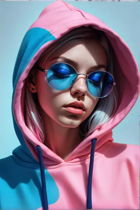 a woman in a pink hoodie with a blue hoodie, a digital painting inspired by martine johanna, trending on pexels, photorealism, neon lenses for eyes, fashion model face closed eyes, woman wearing hoodie