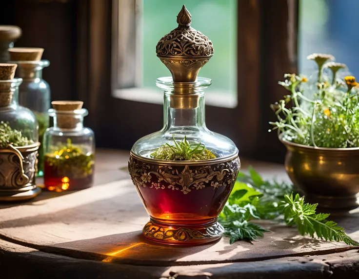 freshly made magical herbal potion in an ornate glass bottle on the table, in an ancient apothecary, angled shot, midday warm, Nikon D850 105mm, close-up