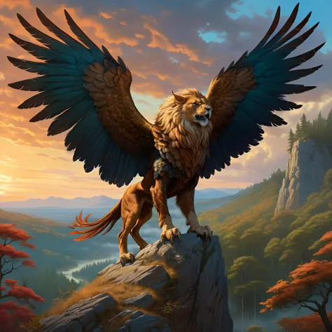 a highly detailed, full body depiction of a griffin, showcasing a mix of lion’s body, eagle’s head and wings in a dramatic forest setting under a warm evening sky, smooth, vibrant, digital painting, matte, sharp focus, by artgerm, greg rutkowski and zdislav beksinski, with a hint of magical realism, exquisite detailing, including feathers, fur, and talons, where the griffin is poised to leap into flight, trending on Artstation, saving the image in 4K UHD quality