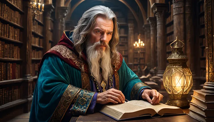 a grizzled wizard in an ornate robe, reading over an ancient dusty tome filled with magical runes in a old ancient library, 4k, hyper detailed, masterpiece, sharp focus on face, detailed textured skin, perfect eyes, bokeh