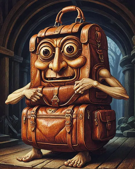 machinalia, anthropomorphic, Duffel bag, <lora:Wizards_MACHINALIA__Things_Come_Alive_:0.8>, magical atmosphere, highly detailed, vivid colors, sublime, set logical ambient background, perfect symmetry, dynamic composition, highly color focused, highly decorated