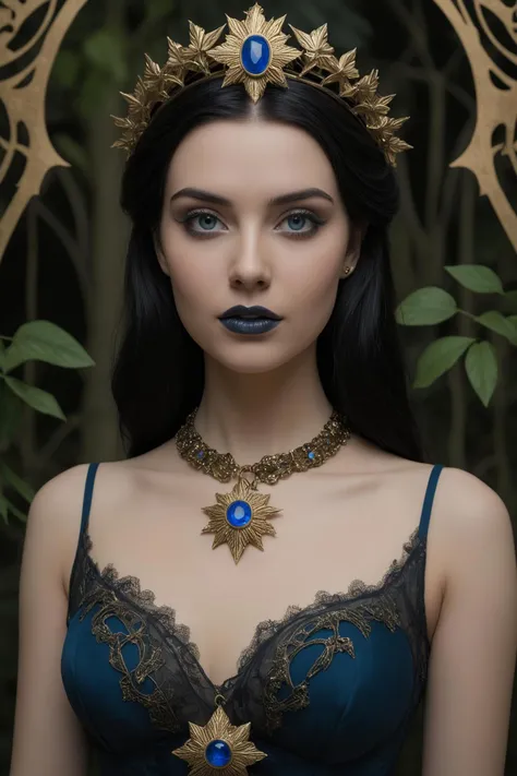 horror themed the image portrays a 24 year old adult woman with striking blue eyes and dark hair, exuding an air of confidence and allure. she is adorned with a gold choker necklace that features a star shaped pendant at its center, adding a touch of elegance to her appearance. the art nouveau style, characterized by its emphasis on natural forms and intricate patterns, is evident in the background where leaves and flowers intertwine, creating a sense of depth and complexity. the woman's pose and expression suggest she is ready for a special occasion or event, further enhancing the overall composition of the image., 8k, uhd, sharp focus, bokeh, fujifilm, realistic, diffuse lighting, detailed lighting . eerie, unsettling, dark, spooky, suspenseful, grim, highly detailed