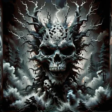 Human skull. Imbedded in skull scenes of wolf howling at the moon. Ghostly features. Lightning and flames around skull in tribal tattoo style patterns. Snake wrapped around skull. Snake coming out of skullâs mouth. Black and white colors. Inside dark forest with one big tree. Moon, clouds and lightning, Tattoo style. <lora:dark_fantasy_art:1> <lora:Dark_Particles_Style_SDXL:1>