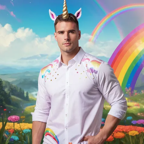 concept art half body photo of m4l1k a man, wearing a unicorn outfit, at a rainbow land, looking at viewer, <lora:delgaty:.7> . digital artwork, illustrative, painterly, matte painting, highly detailed