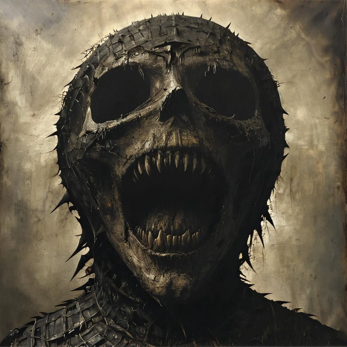 the face of a dark creature looking to the right of the viewer, a horrid thing, scary, horror doesnt even describe the sheer terror one feels looking upon it, its maw if open, covered in rows of jagged teeth, its skin is raw and decayed, absolutely disgusting, beside it lays a suit of armor that has been ravaged by it's sharp and massive claws, <lora:The_Dark_Side_of_the_Earth:1>, <lora:silhouette:2> silhouette, <lora:NicolaSamori:1>