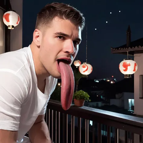 concept art close-up photo of m4l1k a man,(long tongue out:1.3), l0ngt0ng43, (wearing a white shirt:1.2), on a balcony, nighttime, lanterns, looking at camera, <lora:delgaty:.7>, <lora:longgg:.7> . digital artwork, illustrative, painterly, matte painting, highly detailed