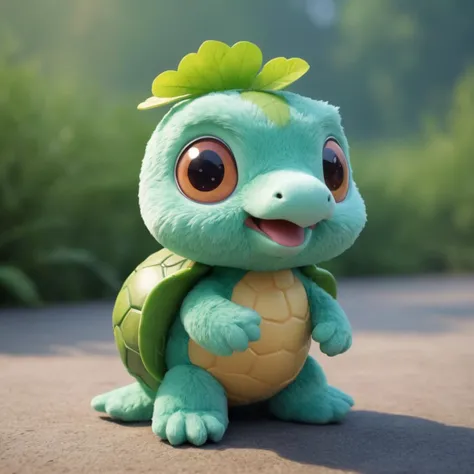 A fluffy cute kappa stuffed animal. A kappa is from Japanese folklore it has a duck bill on it's face a turtle shell on its back and leaf on its head. It also has webbed feat., professional 3D design of a cute and adorable cartoon character with big eyes, charming animation, endearing personality, exaggerated features, dynamic pose, captivating expression, expert character design, vibrant and colorful textures, engaging storytelling, versatile animation style, high-quality render, volumetric, 4k, Kawaii anime art style, cute, adorable characters with big eyes and small mouths, pastel colors, playful and endearing