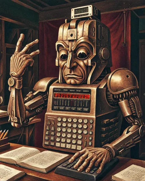 machinalia, anthropomorphic, Psychotic Spartan Calculator, <lora:Wizards_MACHINALIA__Things_Come_Alive_:1>, imposing, ambient, inspired, full color, fine detail, dynamic cinematic perfect background, beautiful elegant, deep rich colors, romantic