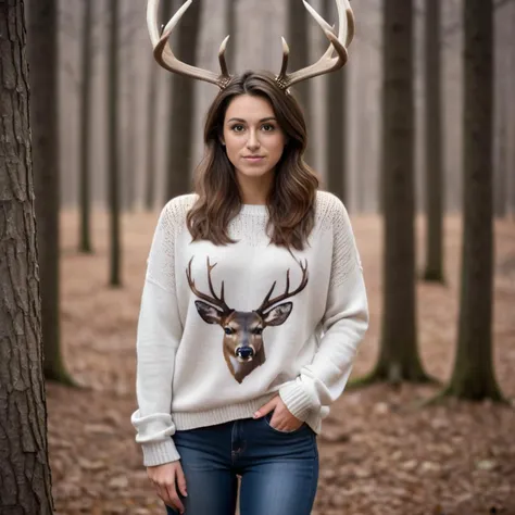beautiful brown haired brown eyed 29-year-old woman standing in the woods with deer antlers wearing a loose fitting sweater, blue jeans